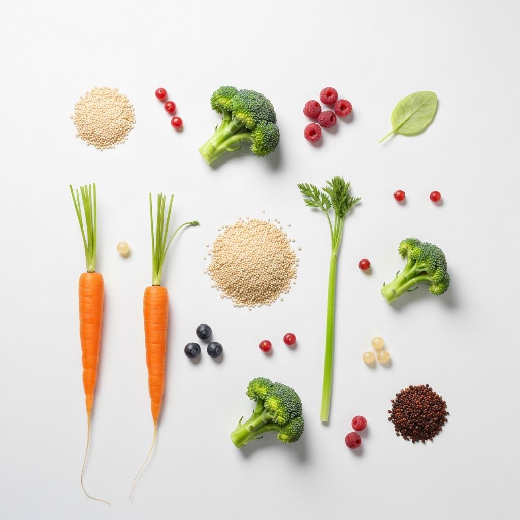 Scattered fresh vegetables and grains
